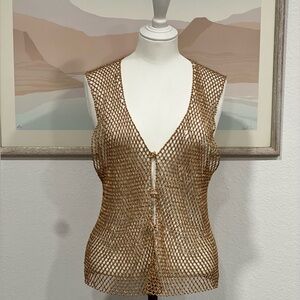 Bamboo Bead Crochet Vest Light Brown Mesh Sleeveless Top
